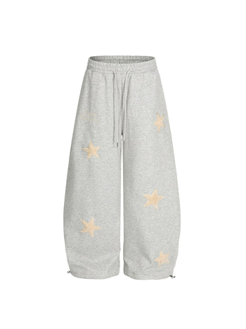 Női sportos casual nadrág csillag hímzett foltokkal, pamut anyag, elasztikus derék, lazán szabott, széles szárú, ősz 2025