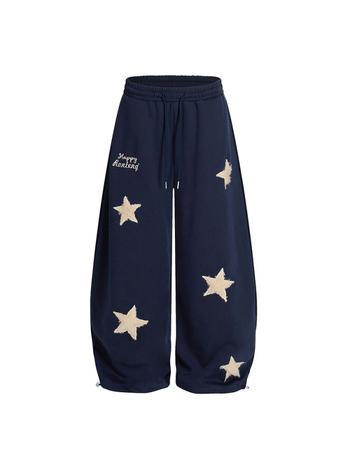 Női sportos casual nadrág csillag hímzett foltokkal, pamut anyag, elasztikus derék, lazán szabott, széles szárú, ősz 2025