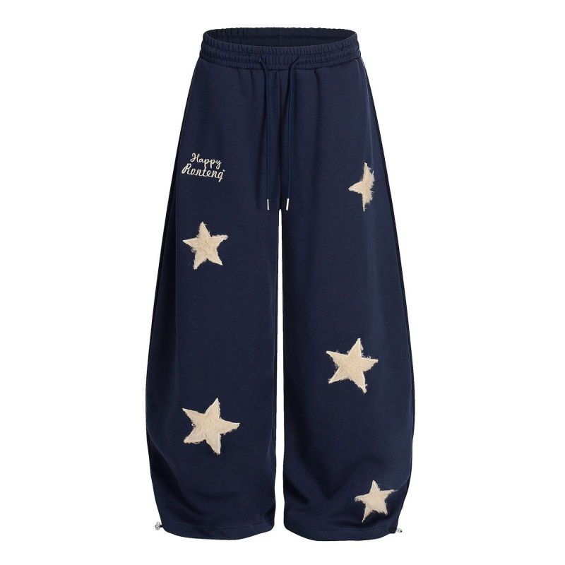Női sportos casual nadrág csillag hímzett foltokkal, pamut anyag, elasztikus derék, lazán szabott, széles szárú, ősz 2025