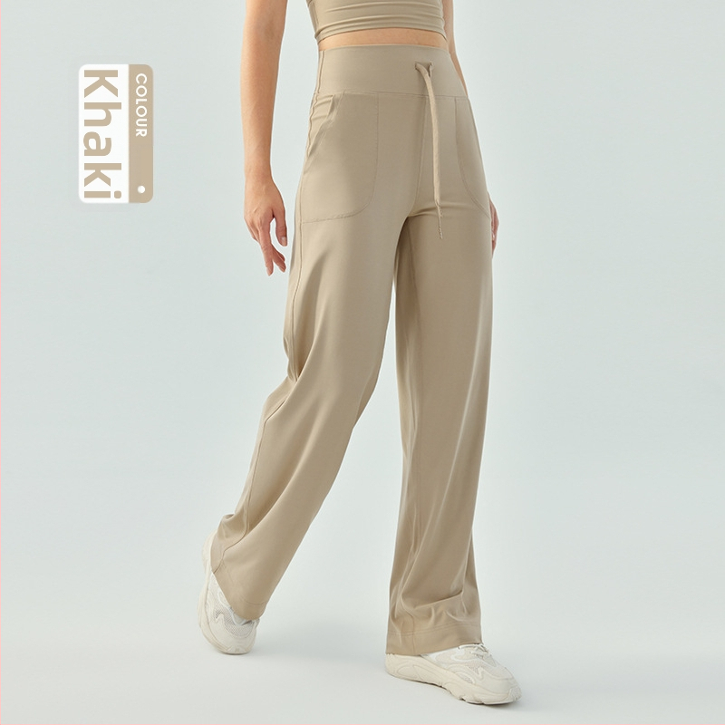 Moterų aukšto juosmens sportinės kelnaitės su raišteliu – laisvo kirpimo, plačios kojos, kvėpuojančios fitneso kelnės jogai ir bėgimui