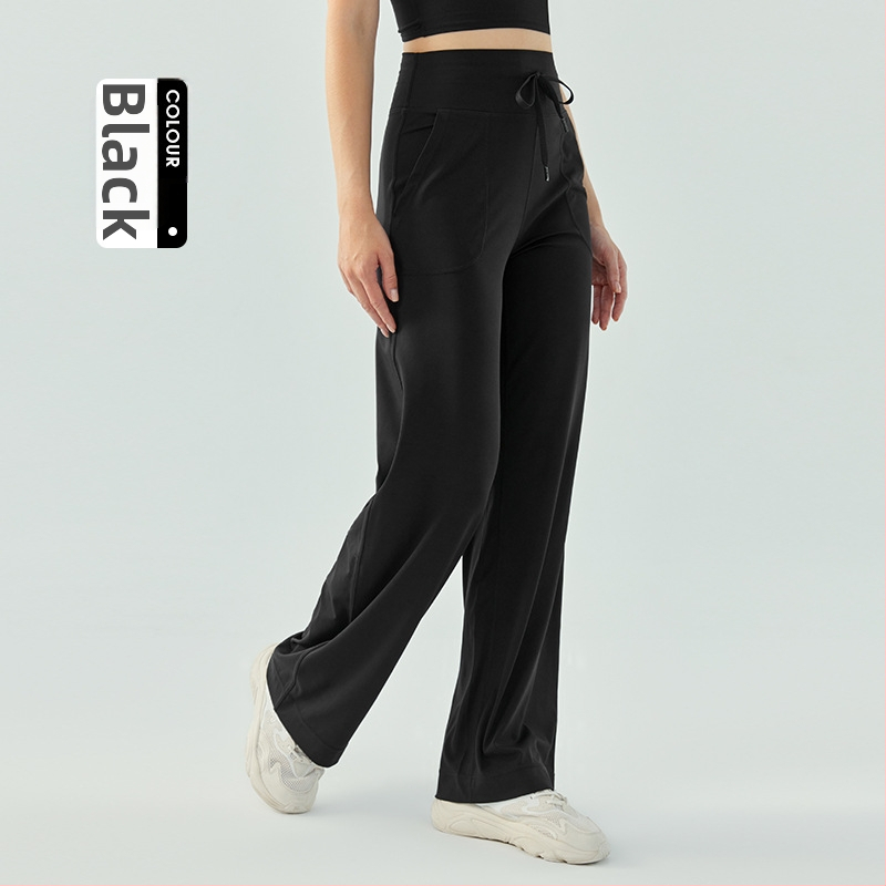 Moterų aukšto juosmens sportinės kelnaitės su raišteliu – laisvo kirpimo, plačios kojos, kvėpuojančios fitneso kelnės jogai ir bėgimui