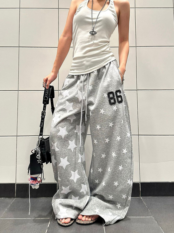 Дамски памучни спортни панталони със звезден принт, дълги до пода, свободен крой, широк крак, средна талия