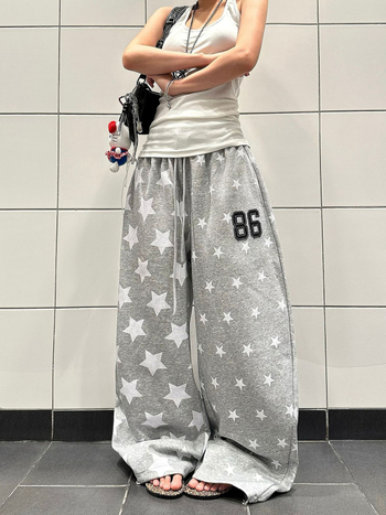 Дамски памучни спортни панталони със звезден принт, дълги до пода, свободен крой, широк крак, средна талия