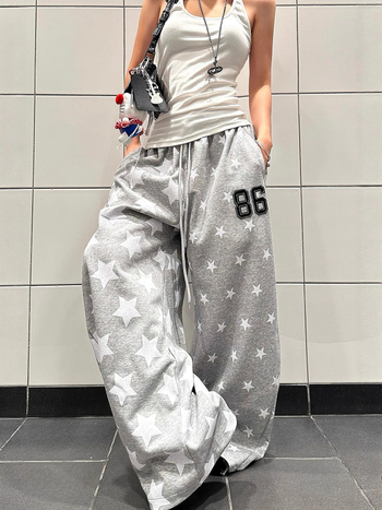 Дамски памучни спортни панталони със звезден принт, дълги до пода, свободен крой, широк крак, средна талия