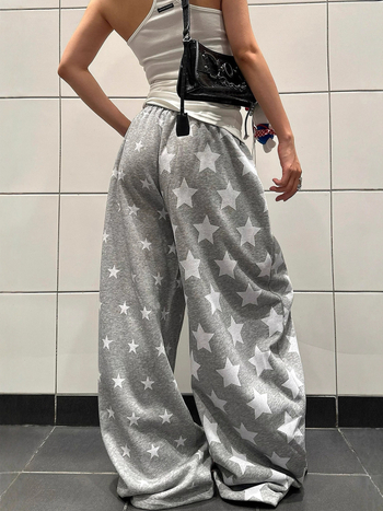 Дамски памучни спортни панталони със звезден принт, дълги до пода, свободен крой, широк крак, средна талия