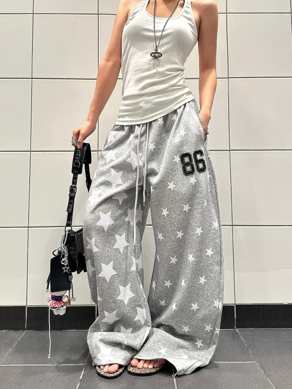 Дамски памучни спортни панталони със звезден принт, дълги до пода, свободен крой, широк крак, средна талия