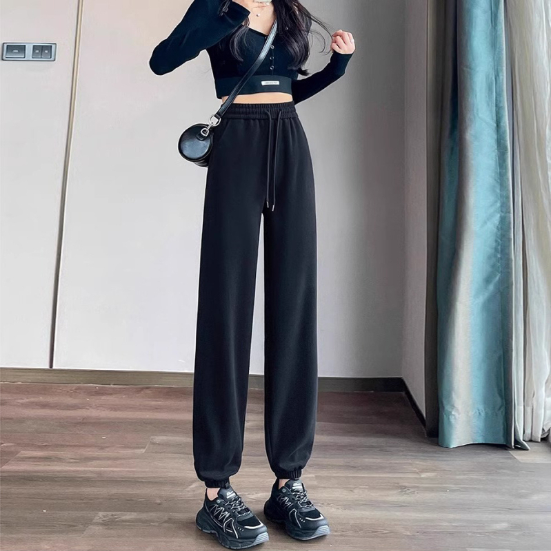 Ženske udobne sportske hlače s visokim strukom, manžeta pri gležnjevima, mješavina poliester-bavla 90-95%, djevojački stil, jesen 2025