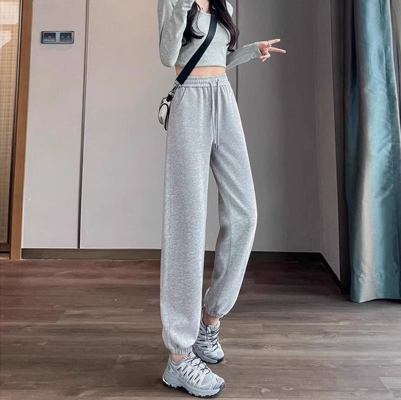 Ženske udobne sportske hlače s visokim strukom, manžeta pri gležnjevima, mješavina poliester-bavla 90-95%, djevojački stil, jesen 2025
