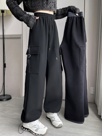 Ženske hlače plus size u američkom stilu, s flis podstavom, visokim strukom, opuštenog ravnog kroja, radno-i svakodnevne hlače, jesen-zima 2026