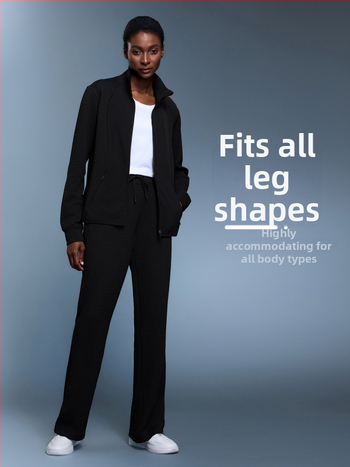 Vaflės tekstūros sportinės kelnės laisvo kirpimo, aukštas juosmuo, medvilnės–poliesterio mišinys 95%, kvėpuojančios, moterims, rudens sezonui