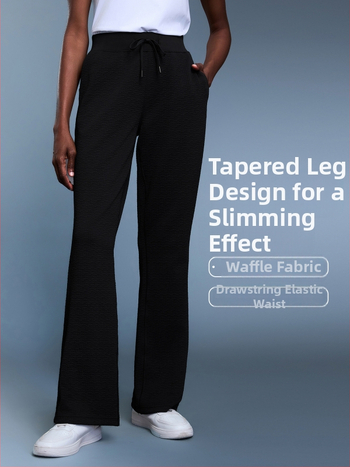 Vaflės tekstūros sportinės kelnės laisvo kirpimo, aukštas juosmuo, medvilnės–poliesterio mišinys 95%, kvėpuojančios, moterims, rudens sezonui