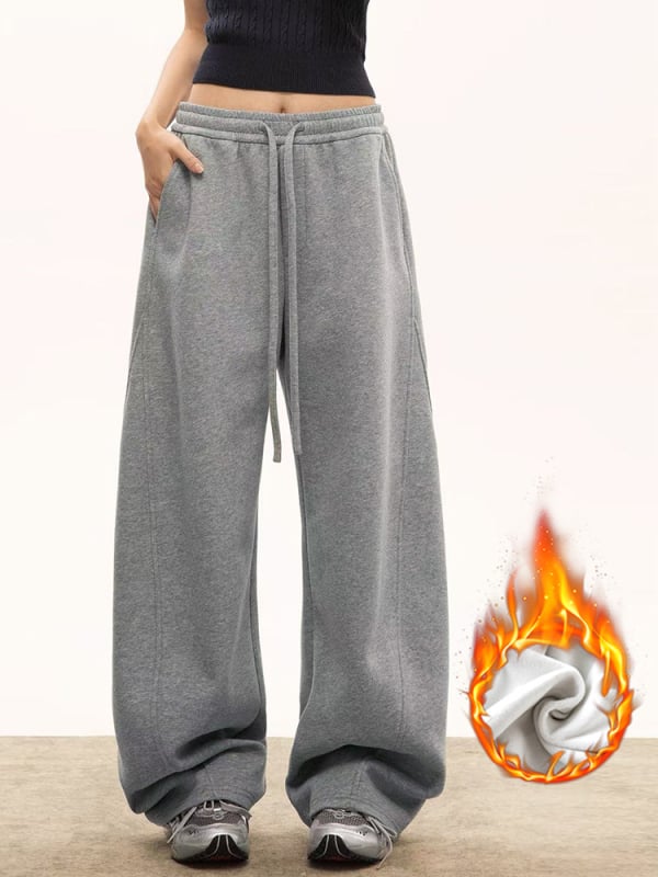 Női fleece-belsejű egyenes szárú sportnadrág, magas derék, pamut–polyészter keverék, lazább kényelmes stílus – téli 2025