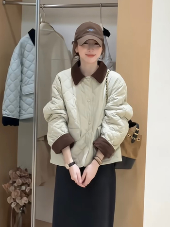 Γυναικείο καπιτονέ μπουφάν από βαμβάκι, ρόμβος σχέδιο, γιακάς Polo, μπροστινό κούμπωμα με ένα κουμπί, στυλ κορεατικό χαλαρό, μήκος 50-65 cm