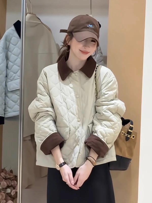 Γυναικείο καπιτονέ μπουφάν από βαμβάκι, ρόμβος σχέδιο, γιακάς Polo, μπροστινό κούμπωμα με ένα κουμπί, στυλ κορεατικό χαλαρό, μήκος 50-65 cm