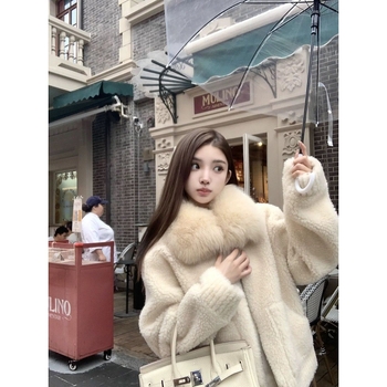 Moteriška stora dirbtinės avies kailio apykaklė švarkas, laisvas kirpimas, užtrauktukas, stovinti apykaklė, poliesteris, 2025 žiema