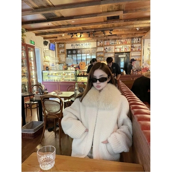 Moteriška stora dirbtinės avies kailio apykaklė švarkas, laisvas kirpimas, užtrauktukas, stovinti apykaklė, poliesteris, 2025 žiema