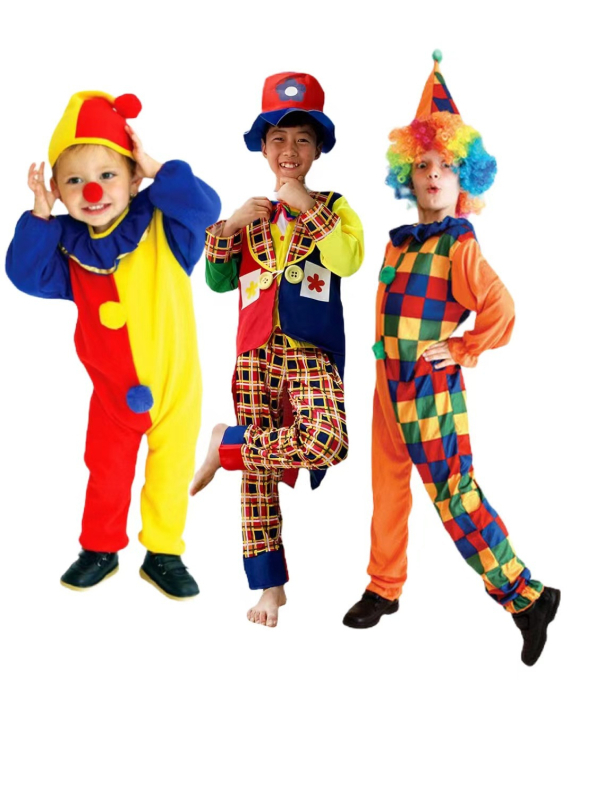 Gyerekek bohócruha színpadra – uniszex, poliészter és regenerált cellulóz rostok keveréke (90–95%), 17 év alattiak számára