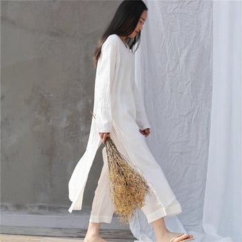 Ruha - Etnikus, Irodalmi-retro stílus; Pamut és len anyag, kerek nyakú, hosszú ujjú, laza derék, hosszú ruha