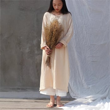 Ruha - Etnikus, Irodalmi-retro stílus; Pamut és len anyag, kerek nyakú, hosszú ujjú, laza derék, hosszú ruha