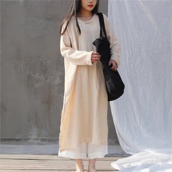 Ruha - Etnikus, Irodalmi-retro stílus; Pamut és len anyag, kerek nyakú, hosszú ujjú, laza derék, hosszú ruha