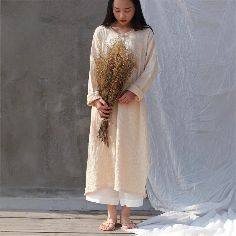 Ruha - Etnikus, Irodalmi-retro stílus; Pamut és len anyag, kerek nyakú, hosszú ujjú, laza derék, hosszú ruha