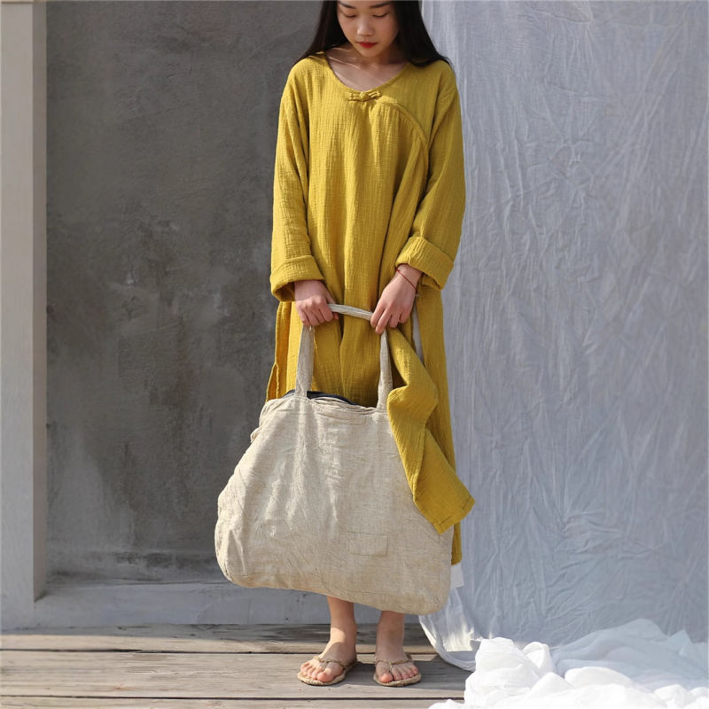 Ruha - Etnikus, Irodalmi-retro stílus; Pamut és len anyag, kerek nyakú, hosszú ujjú, laza derék, hosszú ruha