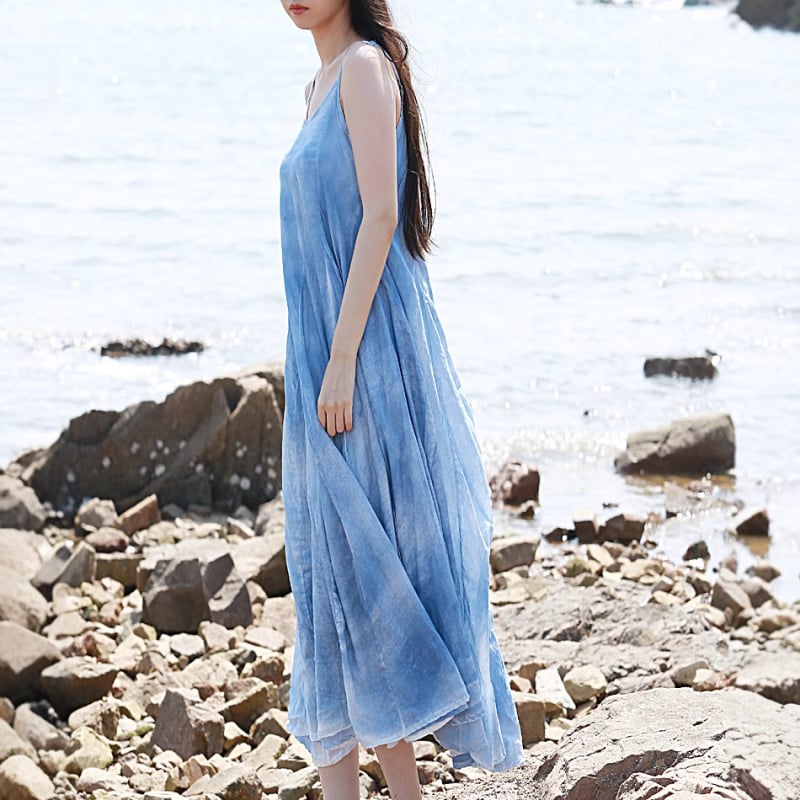 Pamutból készült pántos ruha, egyszínű, kollázs varrás, sling-stílus, irodalmi retro, hosszú ruha nagy lengő sziluettel