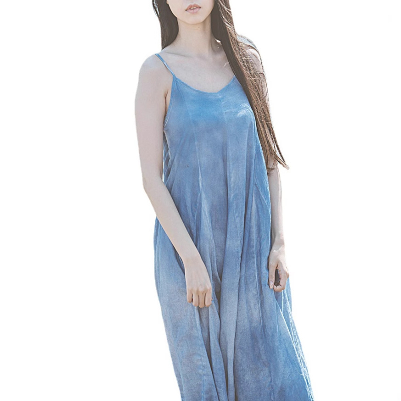 Pamutból készült pántos ruha, egyszínű, kollázs varrás, sling-stílus, irodalmi retro, hosszú ruha nagy lengő sziluettel