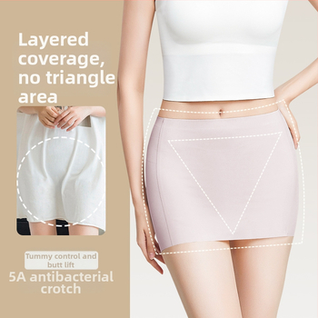 Bešveidės moterų saugios kelnaitės su dviguba apsauga ir anti-eksponavimo dizainu, Ice Silk audinys, vidutinio aukščio liemuo, 75% nailonas, intymiai sričiai skirta pamušalas 100% medvilnė.