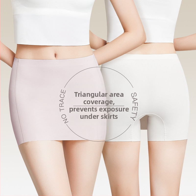 Bešveidės moterų saugios kelnaitės su dviguba apsauga ir anti-eksponavimo dizainu, Ice Silk audinys, vidutinio aukščio liemuo, 75% nailonas, intymiai sričiai skirta pamušalas 100% medvilnė.