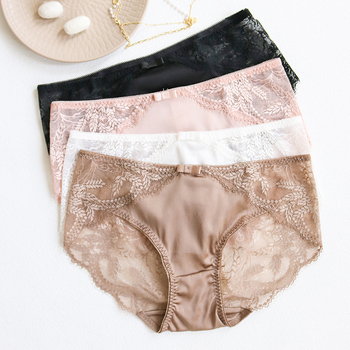 Γυναικείες βρακάκια από σατέν μετάξι Mulberry με δαντέλα, μεσαίας μέσης, διαπνοή πλεκτό ύφασμα, επένδυση από μετάξι