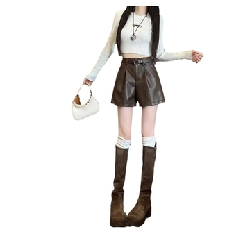 PU кожа висока талия A-линия къси панталони, Harajuku Wind, Есен-зима 2024