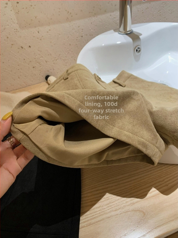 WGWE Moteriški zomšiniai šortai su kišenėmis, plačios kojų linijos, korėjietiškas stilius, tiesus kirpimas