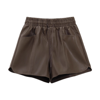PU odos imitacijos šortai moterims, aukštas juosmuo, tiesus kirpimas, 3/4 ilgio, poliesteris su PU sudėtimi, ruduo 2025, kasdienio laisvalaikio stilius japonų-korejiečių