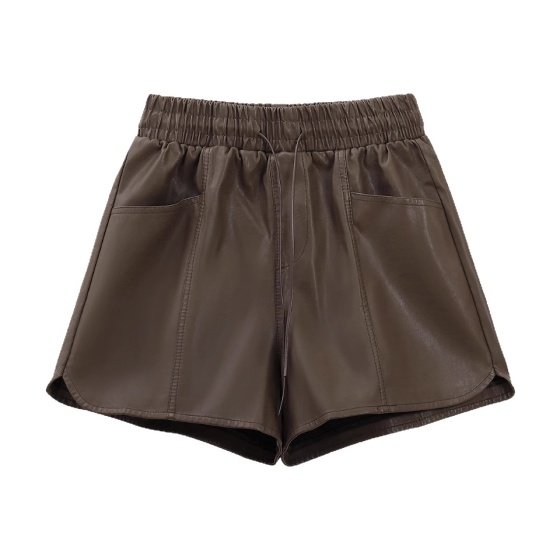PU odos imitacijos šortai moterims, aukštas juosmuo, tiesus kirpimas, 3/4 ilgio, poliesteris su PU sudėtimi, ruduo 2025, kasdienio laisvalaikio stilius japonų-korejiečių