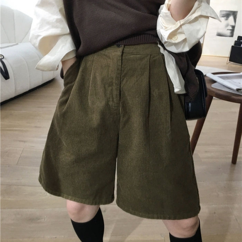 Cordury aukštos juosmens plačios kelnės moterims – vidutinio ilgio, 95% poliesteris