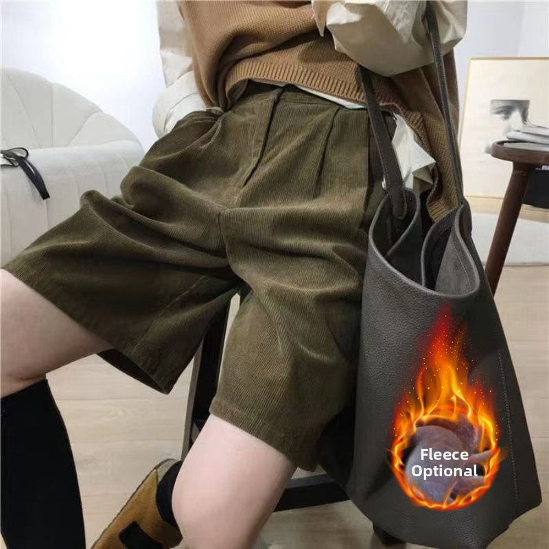 Cordury aukštos juosmens plačios kelnės moterims – vidutinio ilgio, 95% poliesteris