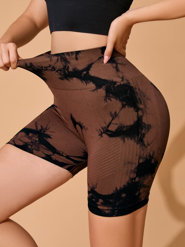 Õmblusteta naiste jooga lühikesed püksid kõrge vöökoht, 3/4 pikkus, tie-dye muster, polüamiidi-elastaani segu
