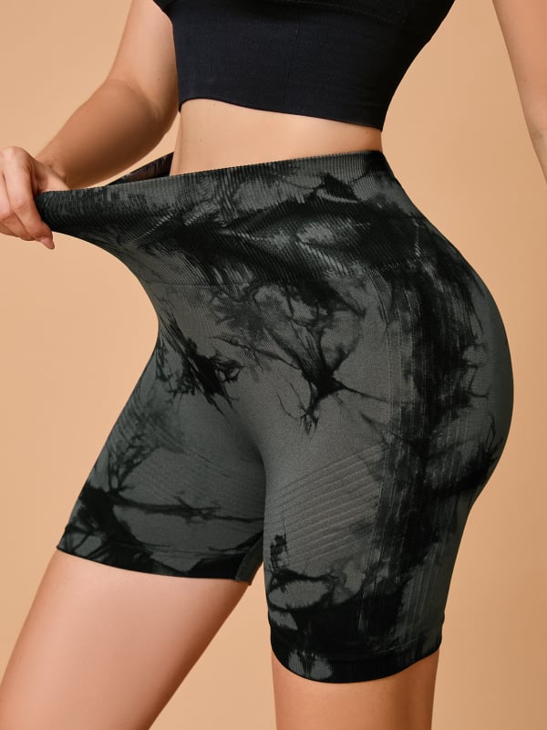 Õmblusteta naiste jooga lühikesed püksid kõrge vöökoht, 3/4 pikkus, tie-dye muster, polüamiidi-elastaani segu