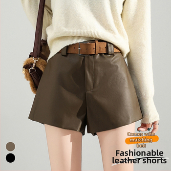 Moteriški PU odiniai kelnes, aukšta talija, 3/4 ilgio, A linija, plačios kojos, kasdieniams