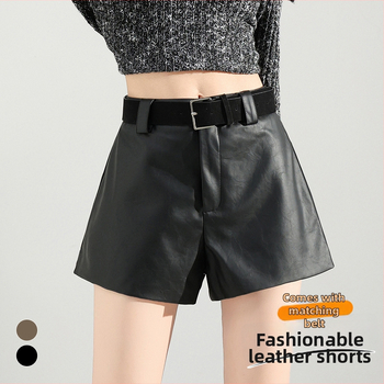 Moteriški PU odiniai kelnes, aukšta talija, 3/4 ilgio, A linija, plačios kojos, kasdieniams