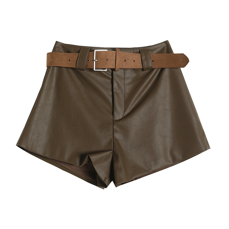 Moteriški PU odiniai kelnes, aukšta talija, 3/4 ilgio, A linija, plačios kojos, kasdieniams