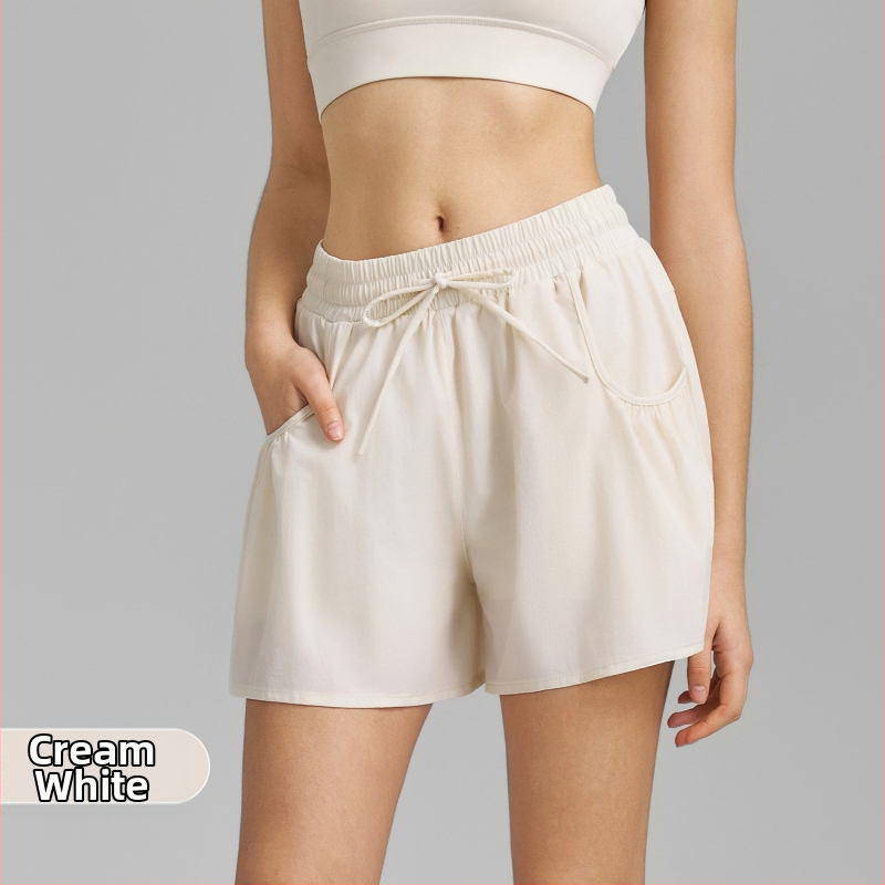 Naiste jooga lühikesed püksid, kiire kuivatamine, vaba lõige, kolmandik pikkus, kootud kangas, 88% nailon, 12% spandex, Kevad 2025