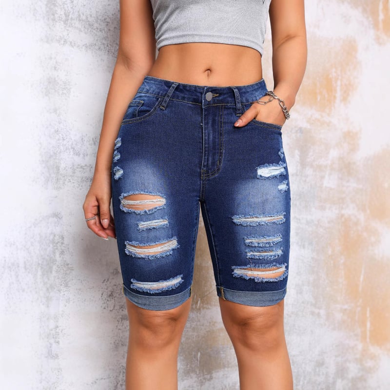 Naiste džinsid denimist, kõrge vöökoht, sirge lõige, rebenditega, 90–95% puuvill