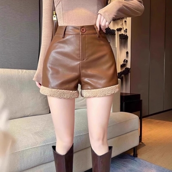 PU odinės patchwork trečdalio ilgio plačios kelnės su vidurine juosmeniu, princesės stilius