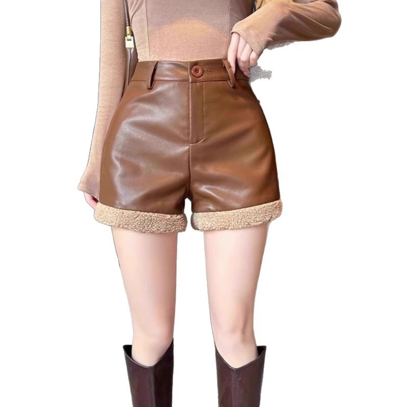 PU odinės patchwork trečdalio ilgio plačios kelnės su vidurine juosmeniu, princesės stilius