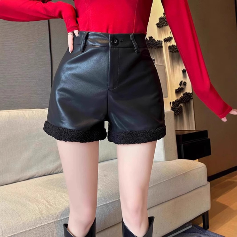 PU odinės patchwork trečdalio ilgio plačios kelnės su vidurine juosmeniu, princesės stilius