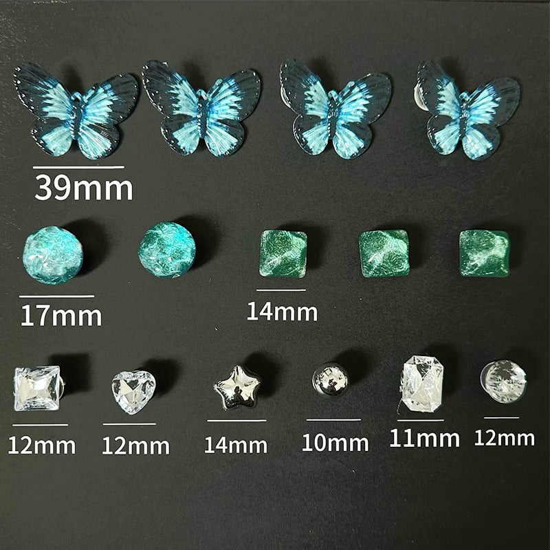 Ay0005 Išimamasis 3D grandinių dekoratyvinis užsegimas batams – tinka sandalams, kasdieniams batams ir šlepetėms; stilius drugelių sapnas; medžiagos: derva, akrilas, ABS