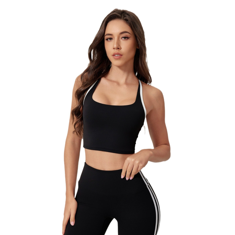 Moterų sportinis biustas bėgimui ir fitnesui su fiksuotomis dvigubomis peties juostelėmis, 3/4 kupra, vidutinio formavimo kupra, pagrindinis audinys nailonas 75%, įdaila nailonas 75%.