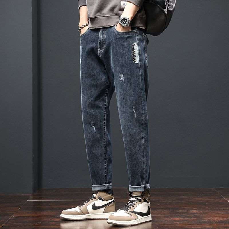 Jeansi bărbați cu fleece, croială dreaptă, ușor elastic, talie medie cu fermoar, denim din bumbac 60%, buzunare decorative